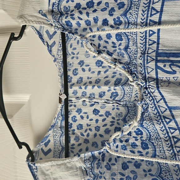 Free People White and Blue Bell Sleeve Blouse with Tie Front - Picture 2 of 8